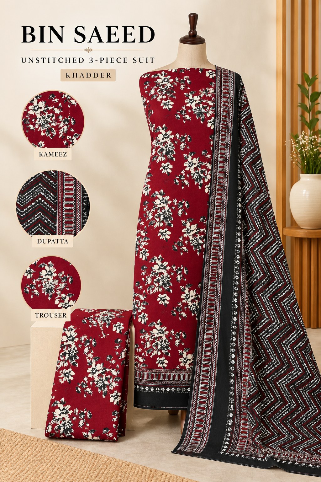 Bin Saeed Maroon Khaddar 3 Piece Suit | Unstitched