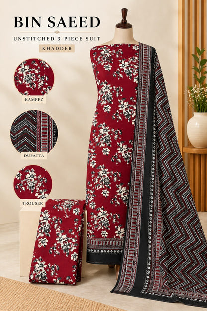Bin Saeed Maroon Khaddar 3 Piece Suit | Unstitched
