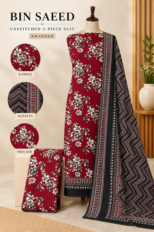 Bin Saeed Maroon Khaddar 3 Piece Suit | Unstitched