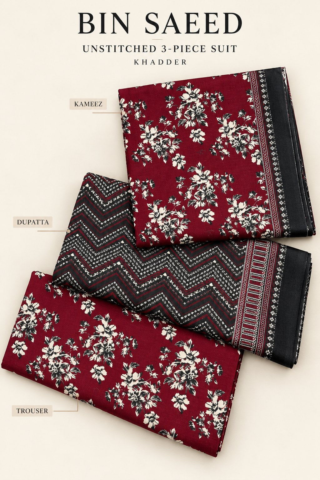 Bin Saeed Maroon Khaddar 3 Piece Suit | Unstitched
