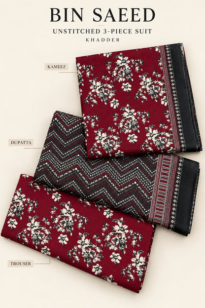 Bin Saeed Maroon Khaddar 3 Piece Suit | Unstitched
